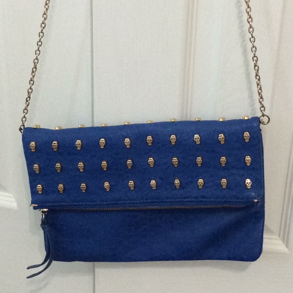 Urban Expressions gold studded skull blue purse
